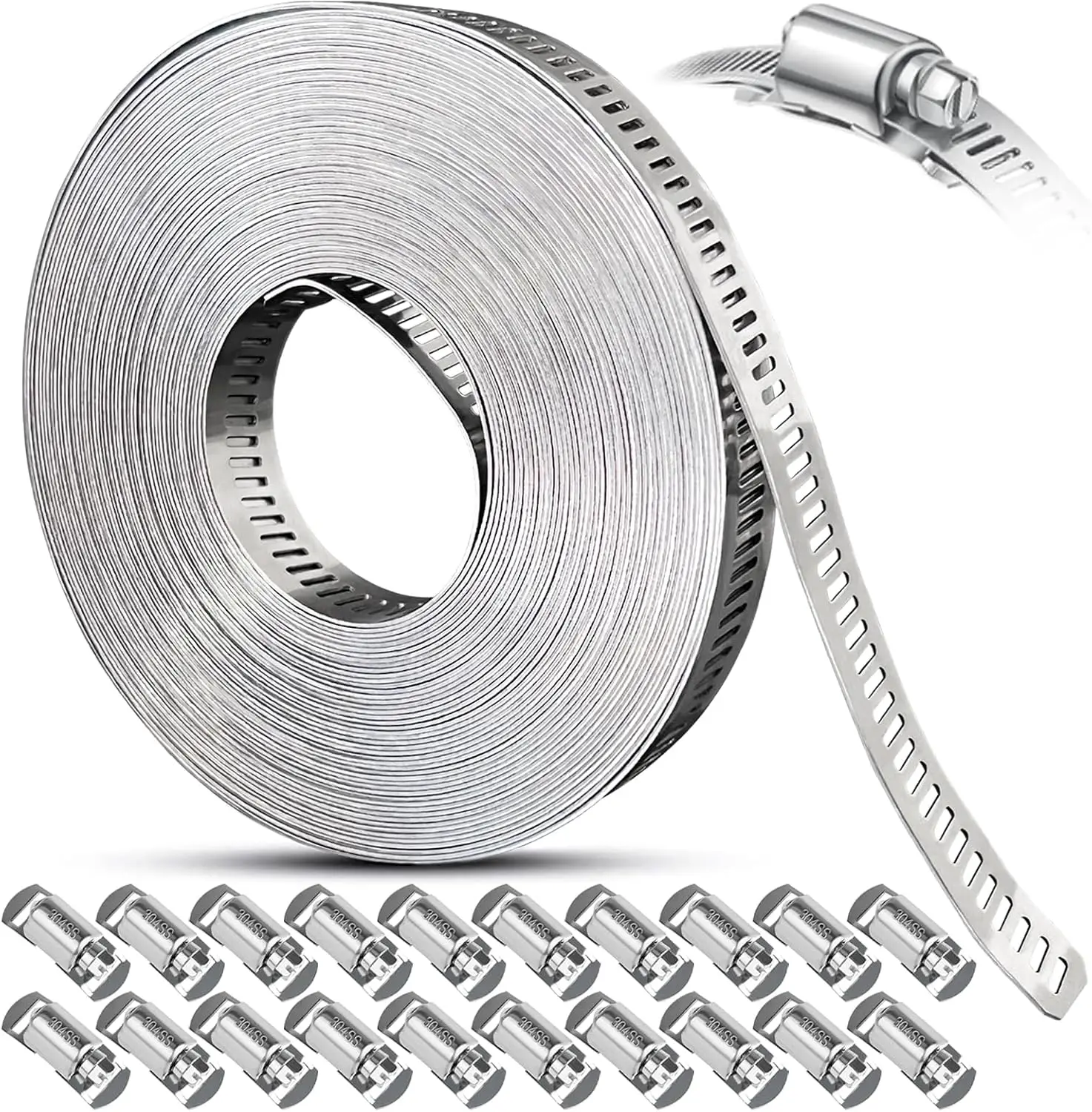 304 Stainless Steel Large Hose Clamp Kit Adjustable Worm Gear Strap Band Automotive Fuel Line Clamp 10M/32.8FT with Hoop Head