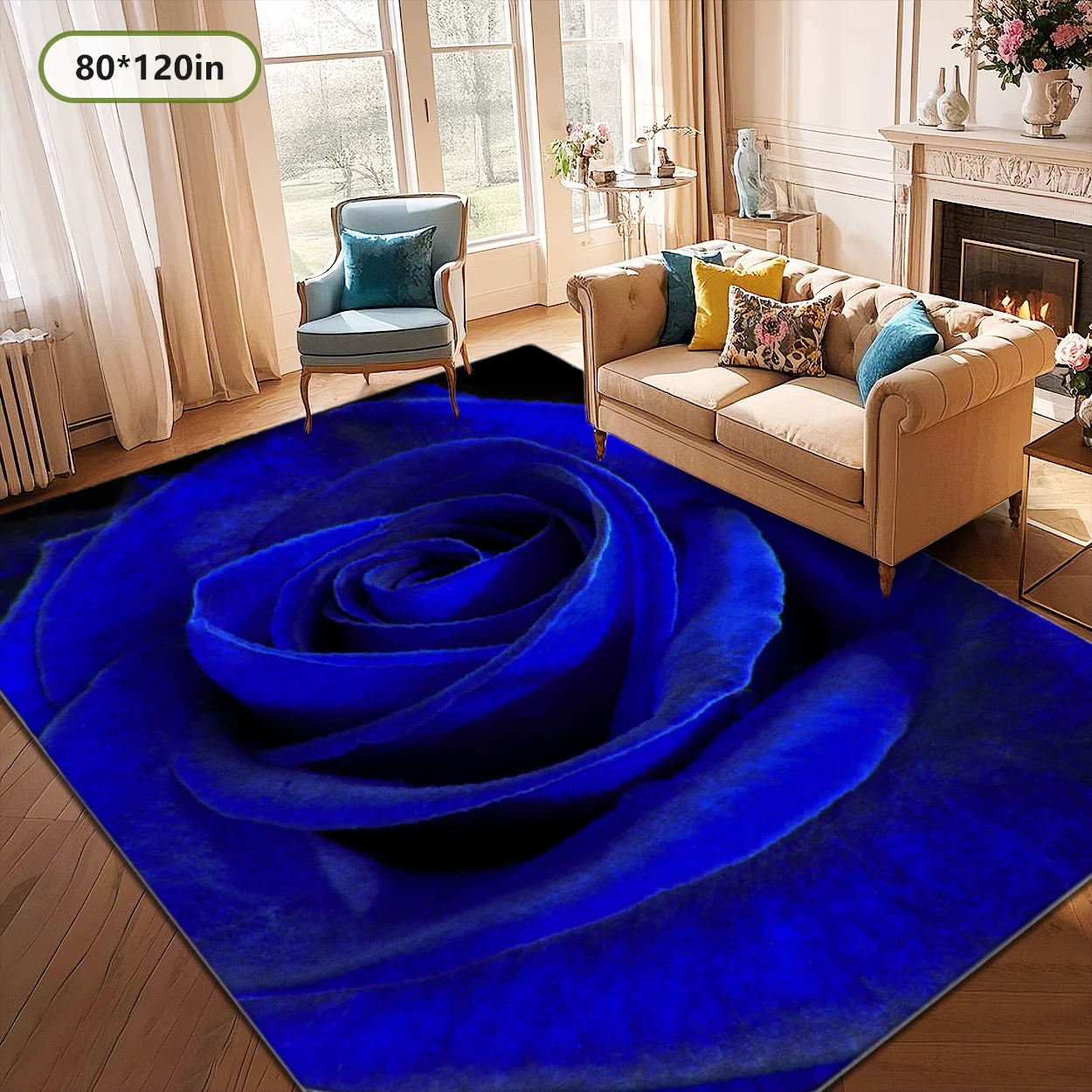 1pc Blue Floral Pattern Area Rug, Comfortable Versatile Home & Commercial Decor, Perfect for Living Room, Bedroom, Shopping Mall