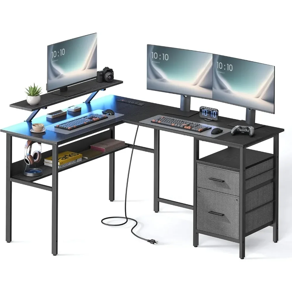 

L-Shaped Desk with Power Outlets, Computer Desk with Monitor Stand, Corner Desk, Gaming Desk with LED Lights, 2 Drawers