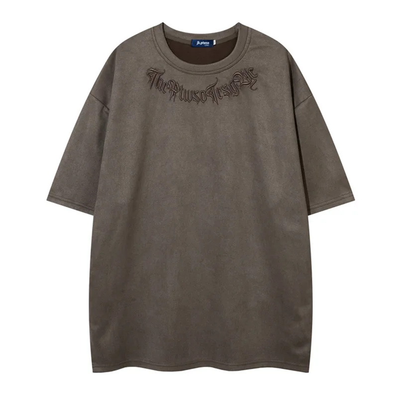 Oversized Letter Embroidery Suede T shirt Streetwear Harakuju Summer Top Tees For Male Vintage