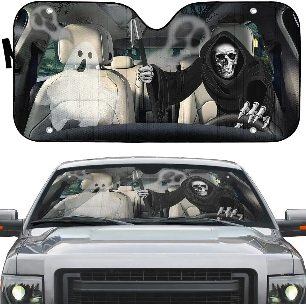 Grim Reaper Skeleton Left Hand Drive Car Sunshade, Grim Reaper Driving with Ghosts Halloween Auto Sun Shade, Windshield Visor fo