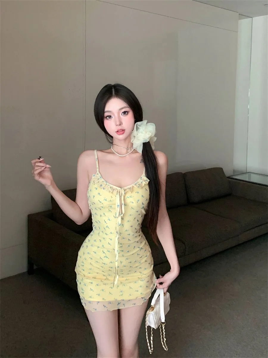 Women Yellow Floral Print Spaghetti Strap Bodycon Mini Dress Drawstring Ruched Slim Going Out Party Short Dress