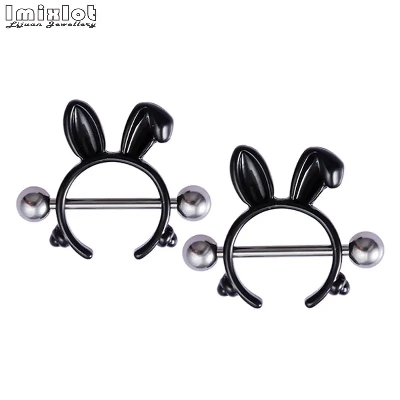 1pair Cute Nipple Piercings Barbell Stainless Steel Crystal Nipple Shield Cover 14G Rabbit Nipple Rings Body Jewelry