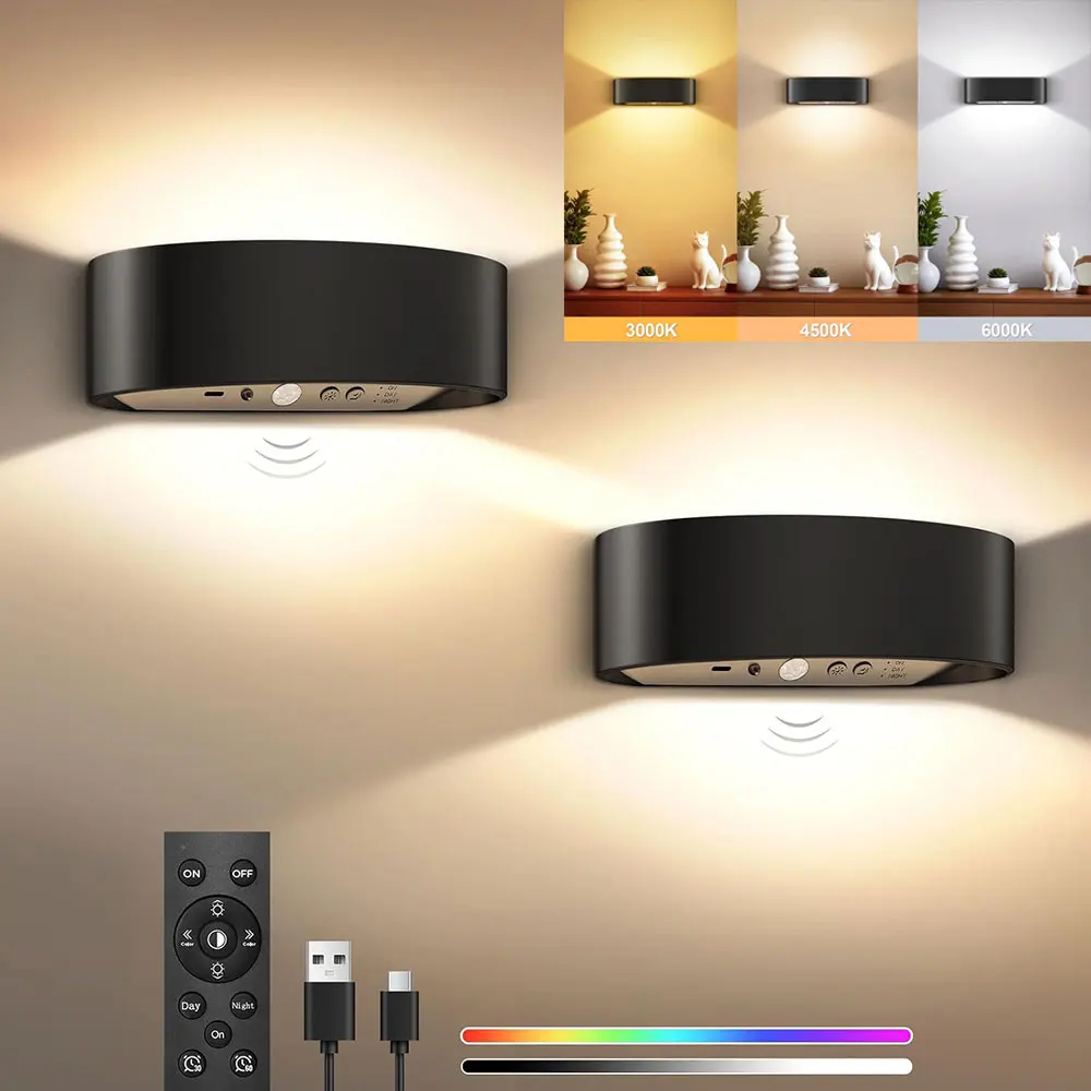 Applique murale LED avec télécommande, lampe RGB à intensité variable, éclairage mural haut et bas, batterie rechargeable, lumière sans fil, décoration pour la maison, 2 pièces