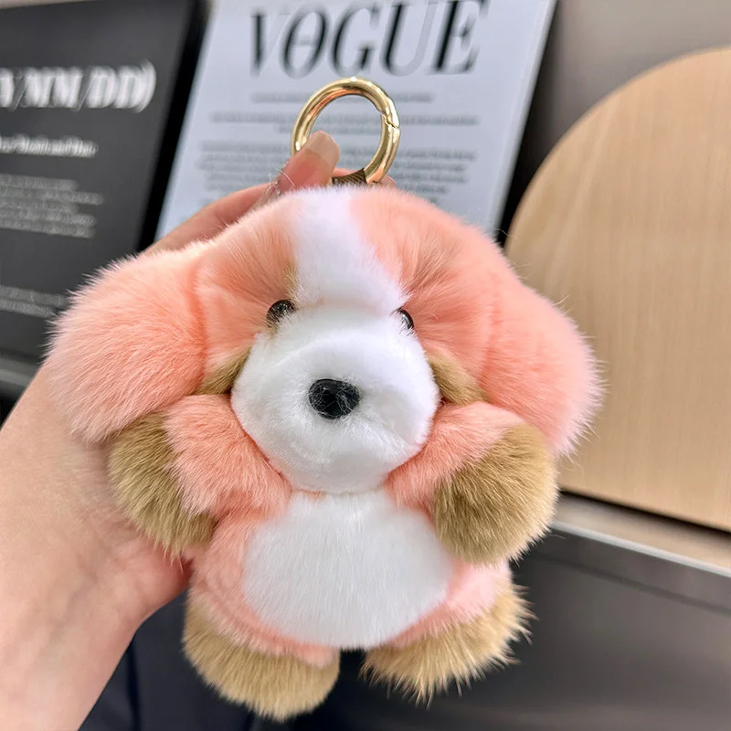 Cute Dog Keychain For Bags Charms Plush Keychain Car Key Ring Kawaii Real Rabbit Fur Dog Doll Pendant Ornament Jewelry Gifts