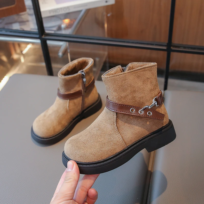 Girl's Fashion Suede Ankle Boots Multiple Brown Tones Buckle Strap Fleece Lined Warm Winter Footwear for Kids Botas Para Niñas