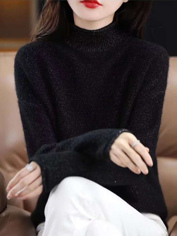 Autumn Winter New Woolen Sweater Women Half High Collar Jumpers Solid Warm Cashmere Woman Sweater Casual Knitted Basic Pullovers