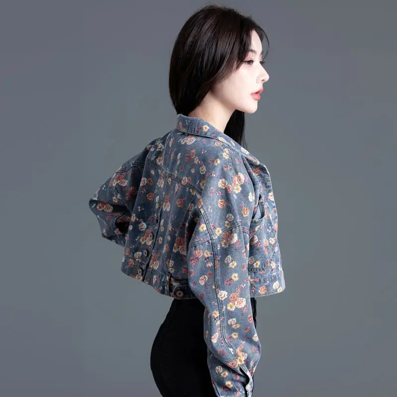 Women's Vintage Floral Long Sleeve Crop Denim Jacket Summer Autumn Streetwear Holiday Loose Denim Outwear Lady Sweet Jacket Top