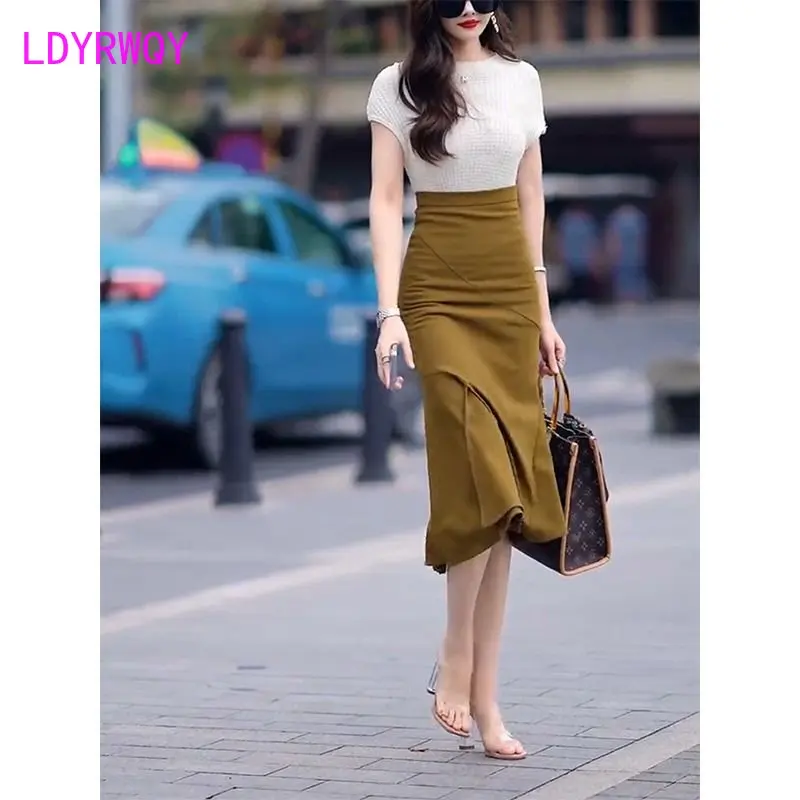 Fishtail skirt split skirt long spring/summer 2023 new high-waist temperament ruffles over-the-knee skirt women