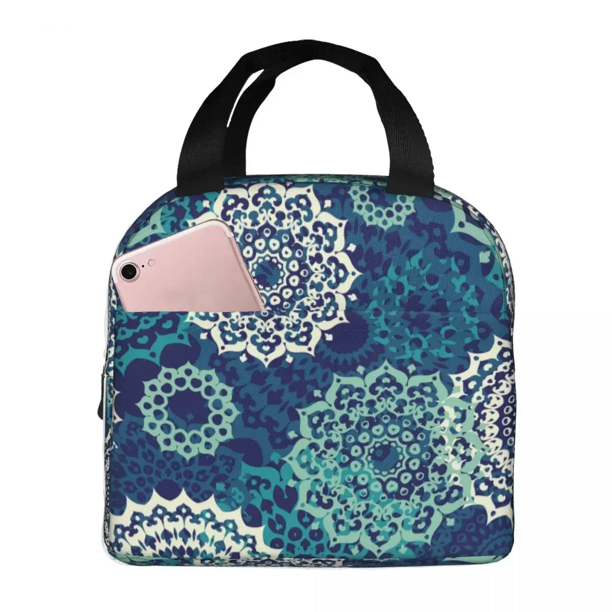 Blue Teal Oriental Mandalas Lunch Bags Portable Insulated Canvas Cooler Bag Thermal Food Picnic Work Tote for Women Girl