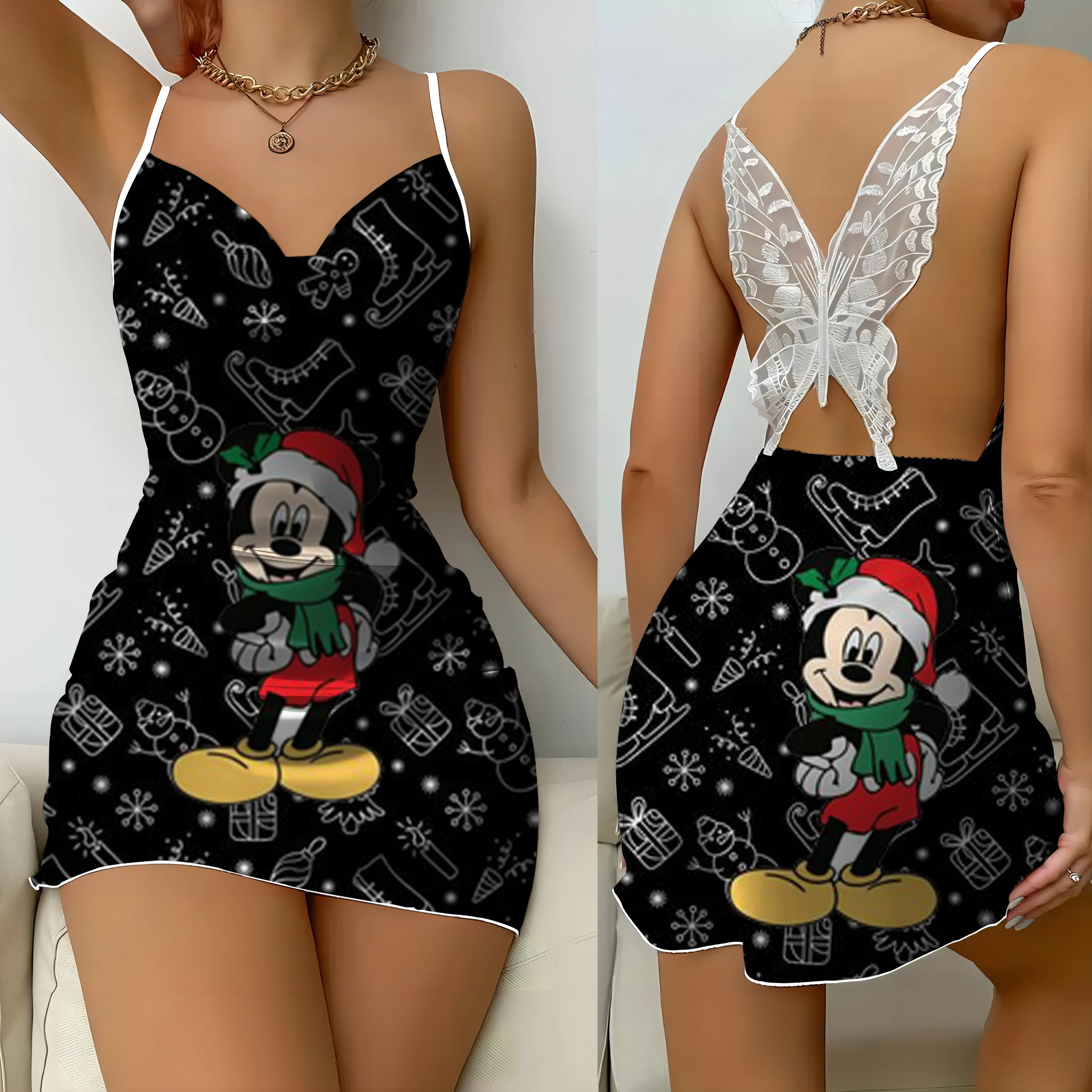 Lace Dress Christmas Party Dresses Mickey Minnie Mouse Disney Pajama Skirt Bow Knot Satin Surface Womens Mini Sexy Backless Home