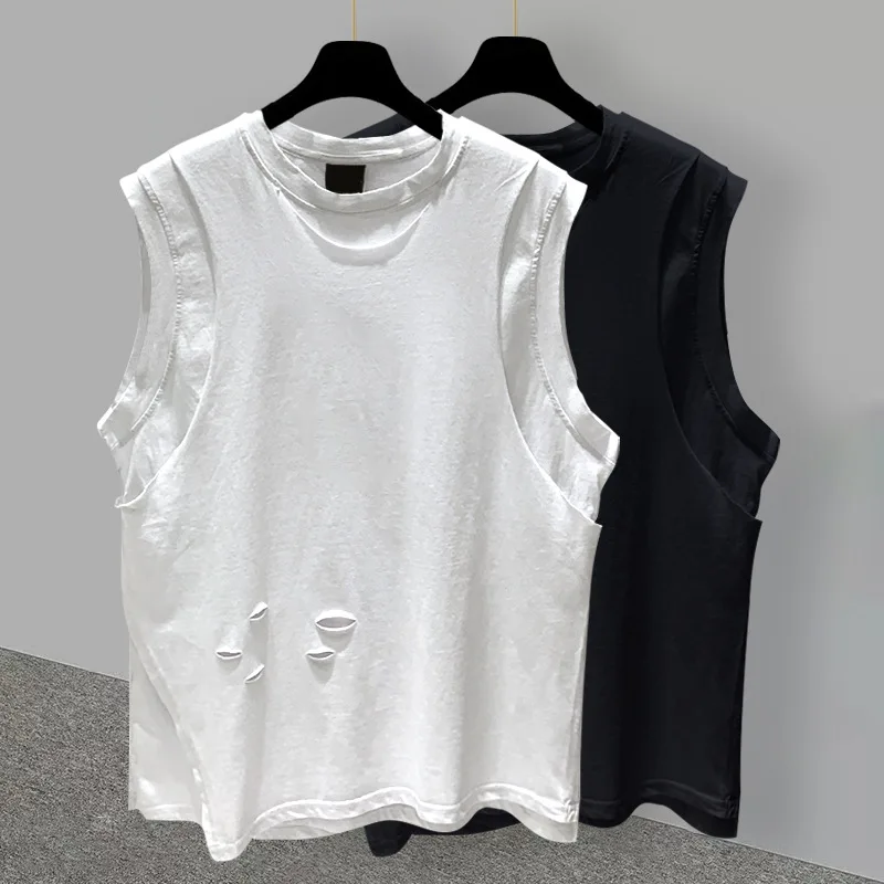 

2026 New Summer Men's Fake Two Piece Ripped Sleeveless T Shirt Fashion Trend Casual Loose Vest Tank Tops For Male Students