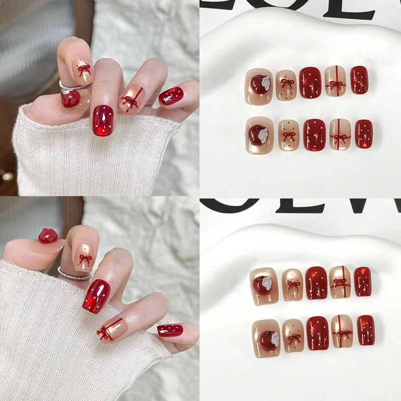 10 Uñas Postizas Elegantes con Diseño de Puntos Rojos y Ojo de Gato, Estilo Moderno, Desmontables