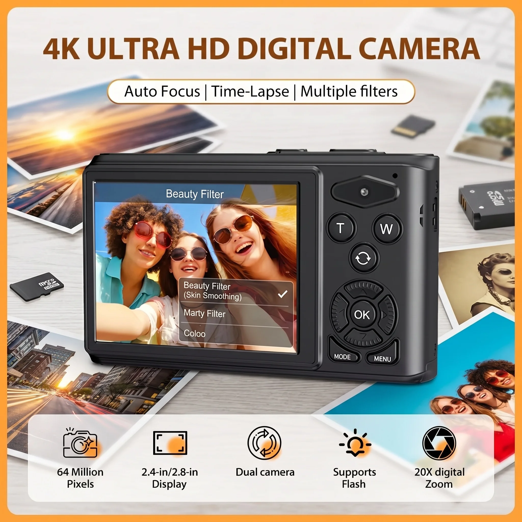 Komery Camera 4K ultra HD recording 20X digital zoom Sport Camera 64megapixel camera Supports video and photo capture chargi