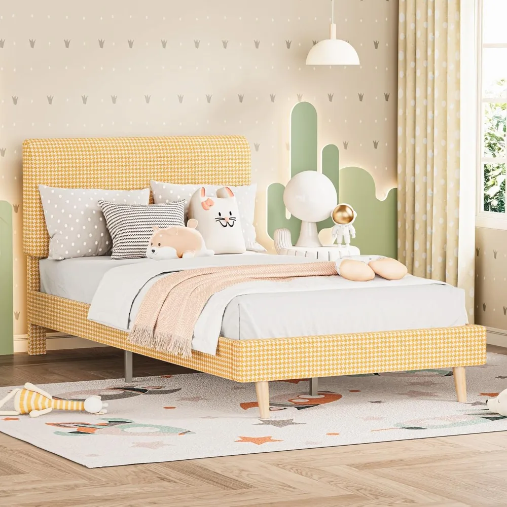 

LIKIMIO Twin Size Bed Frame with Headboard, Fully Cotton Upholstered Foundation, Wooden Slats Support, Noise Free, No Box Spring