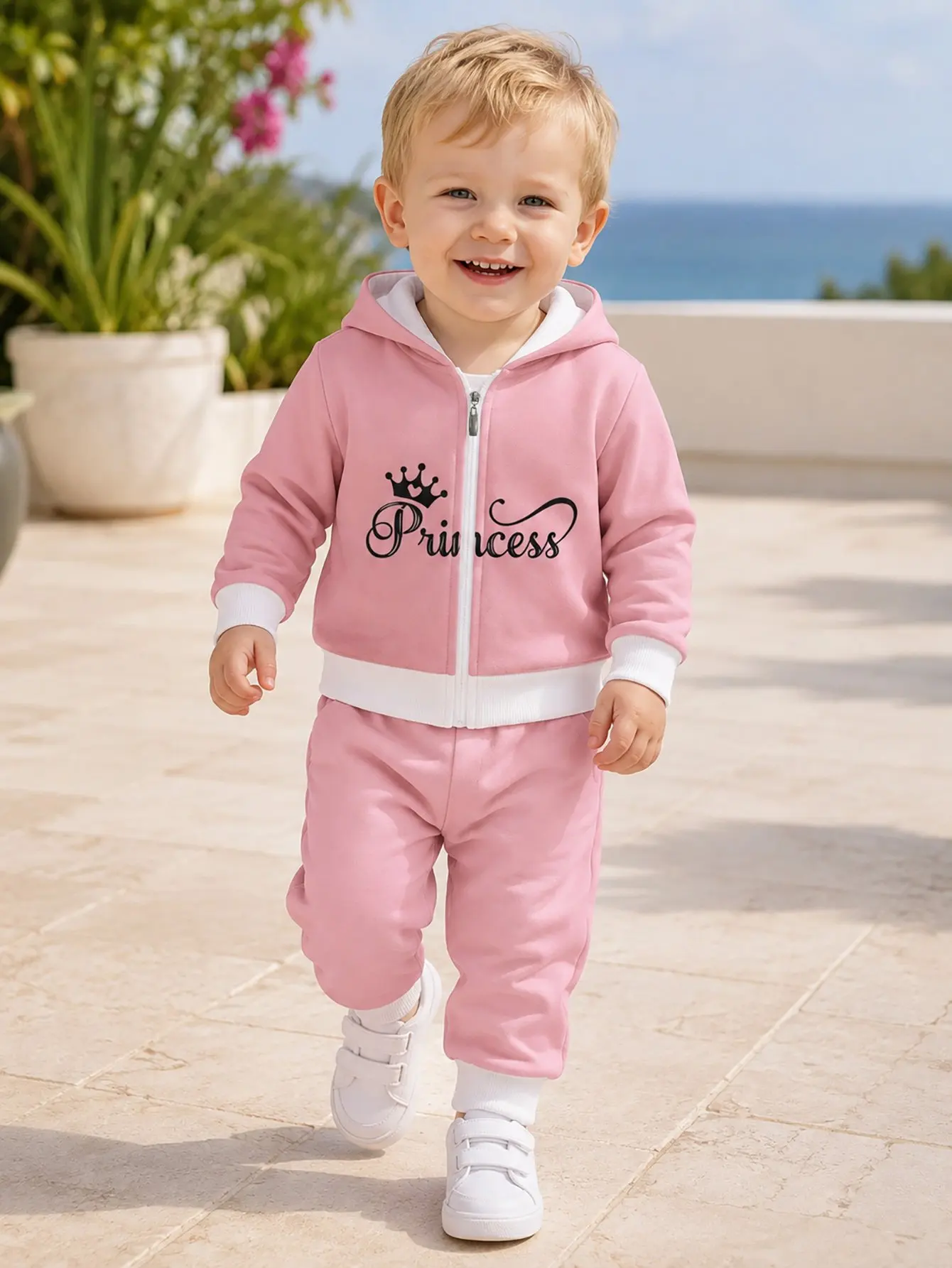 Hooded Zip Up Loose Sweatshirt Pants Set Crown Letter Print Pink Long Sleeve Loose Fit Boys Fall Winter New Style Casual Fashion