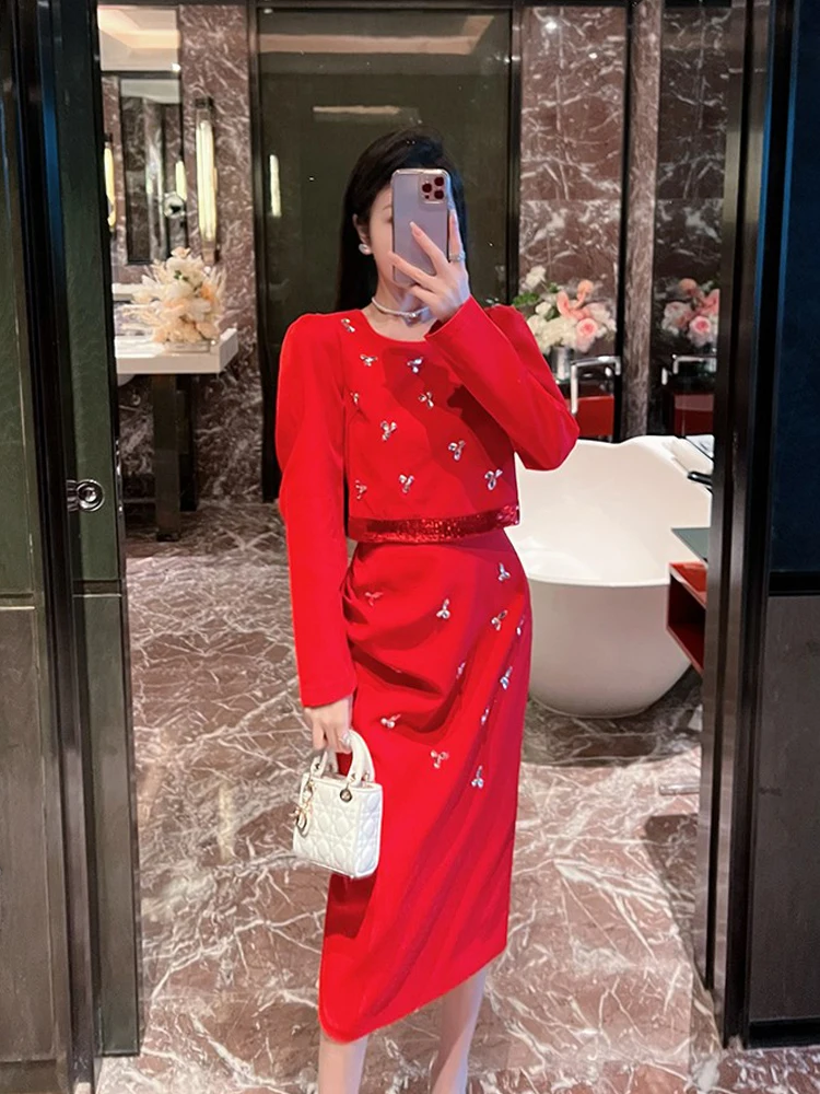 Luxury Women's Rhinestone 2 piece set Red Party sequined diamond cropped tops shirt And Long skirt Slim White Black INKEO 4T214