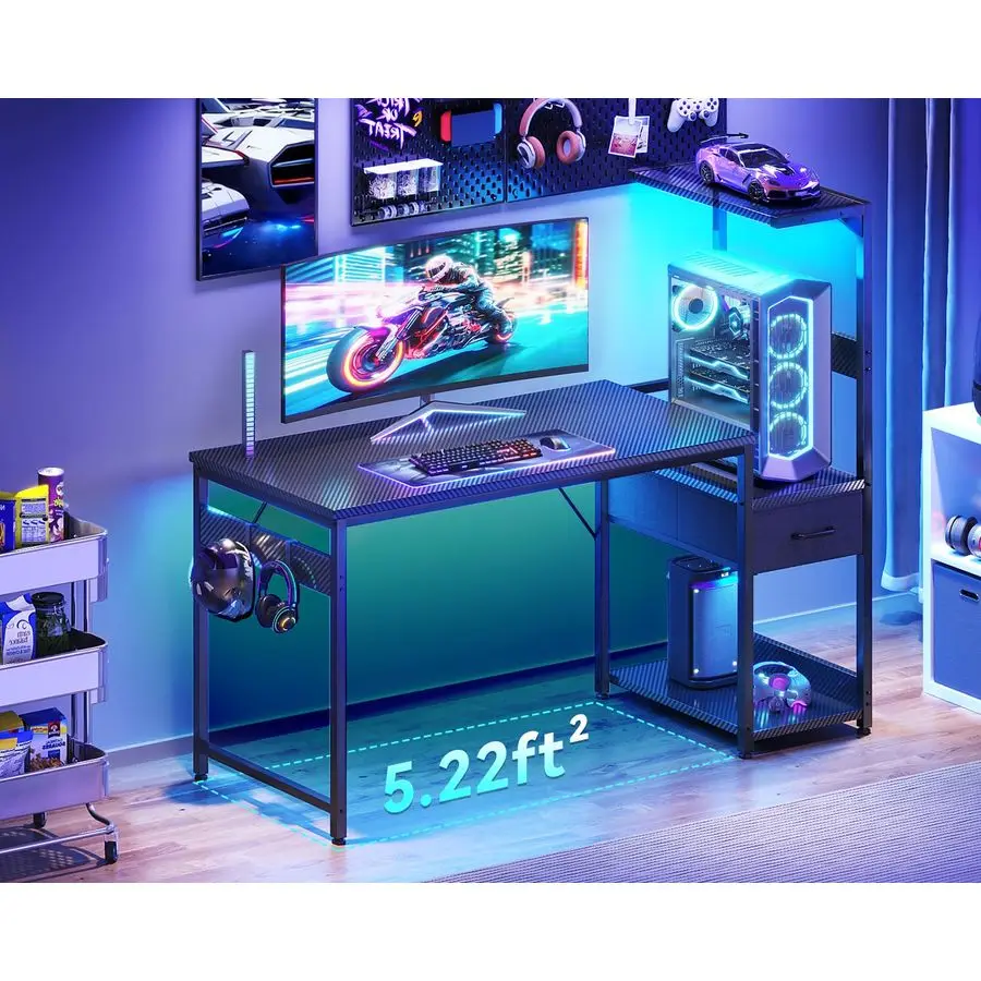 Mesa de Jogos de 48 Polegadas com Armazenamento e Luzes LED, Mesa de Computador Reversível com Prateleiras e Gaveta de Tecido, Gamer Moderno