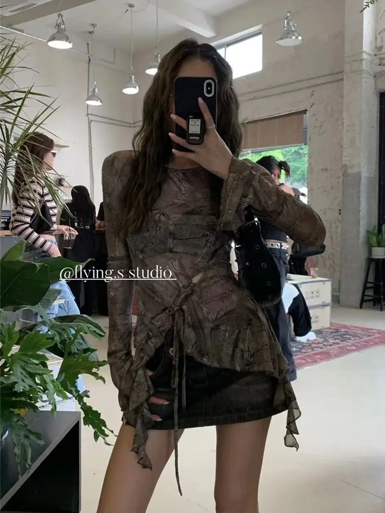 

Gagarich American Retro Spicy Girl Style Denim Print Drawstring Mesh T-shirt Women Autumn Ruffled Flared Sleeves Pure Desire Top