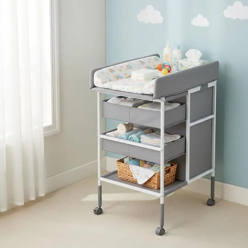 Tragbarer Wickeltisch/-station mit 3 Stoffschubladen und feststellbaren Rollen, höhenverstellbare multifunktionale Wickelkommode mit Aufbewahrungsorganizer für das Kinderzimmer, grau