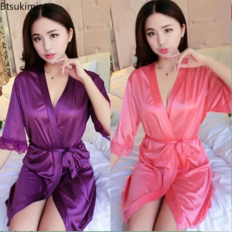 New 2026 Women Ice Silk Pajamas Robes Sleepwear Nightgowns Nightdress Purple Pink Lace Smooth Soft Comfortable Casual Pure Color
