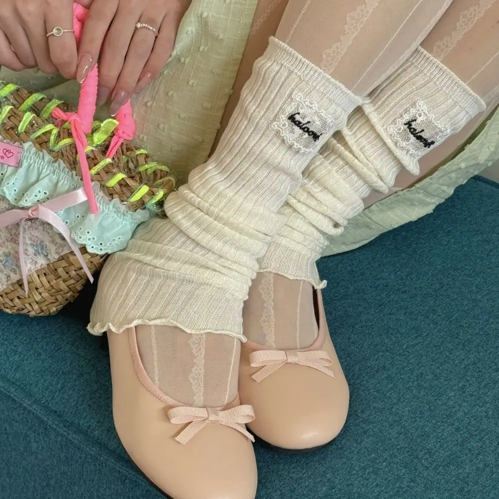 

All Match Sweet Ballet Calf Long Socks Candy Color Ruffle Mid Calf Stocking Stripe Lace Label Cotton Socks Women