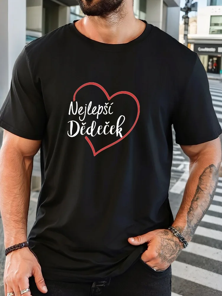 Men Bright Yellow Crew Neck Tee Czech Best Grandpa Red Heart Script Text Graphic Soft Short Sleeve Grandfather Gift Loose Male