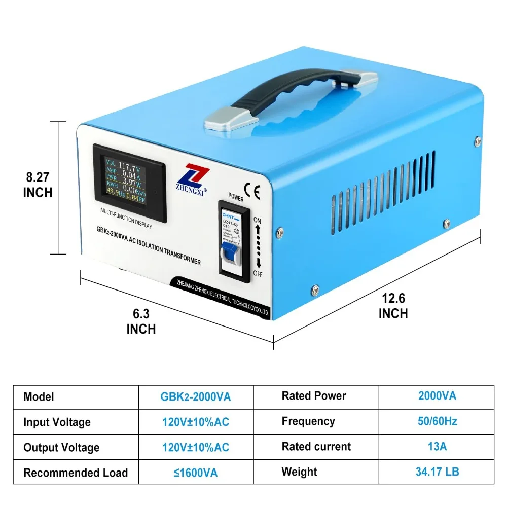 محول عزل 120 فولت إلى 120 فولت، محول جهد 2000 وات، شاشة عالية الدقة، بدون Niose، 2 مآخذ إخراج No Niose، 2 مآخذ إخراج