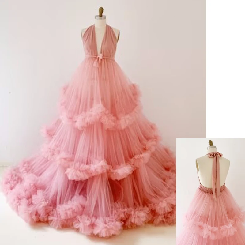 Halter Neck Ruffle Tulle Maternity Dress for Photo Shoot/Tulle Maternity Robe/Baby Shower Dress/Photography Dress