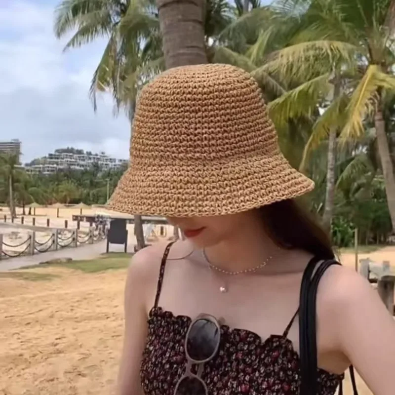 

Beach Korean Straw Cap Summer Women Visor Bucket Hats Hand Weaving Panama Girl Fishing Chapeau Sun Caps Female Fisherman Hat