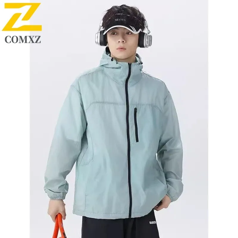 

COMXZ Mens Jacket Fashion Hooded Outdoor Camping Lightweight Coat Casual Solid Color Slim Fit Windproof Spring Autumn Wear
