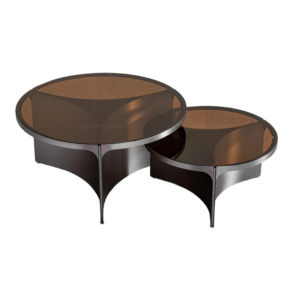 &* Italian Minimalist Round Glass Coffee Table With Removable Stainless Steel Top Scalable Living Room Home Furniture