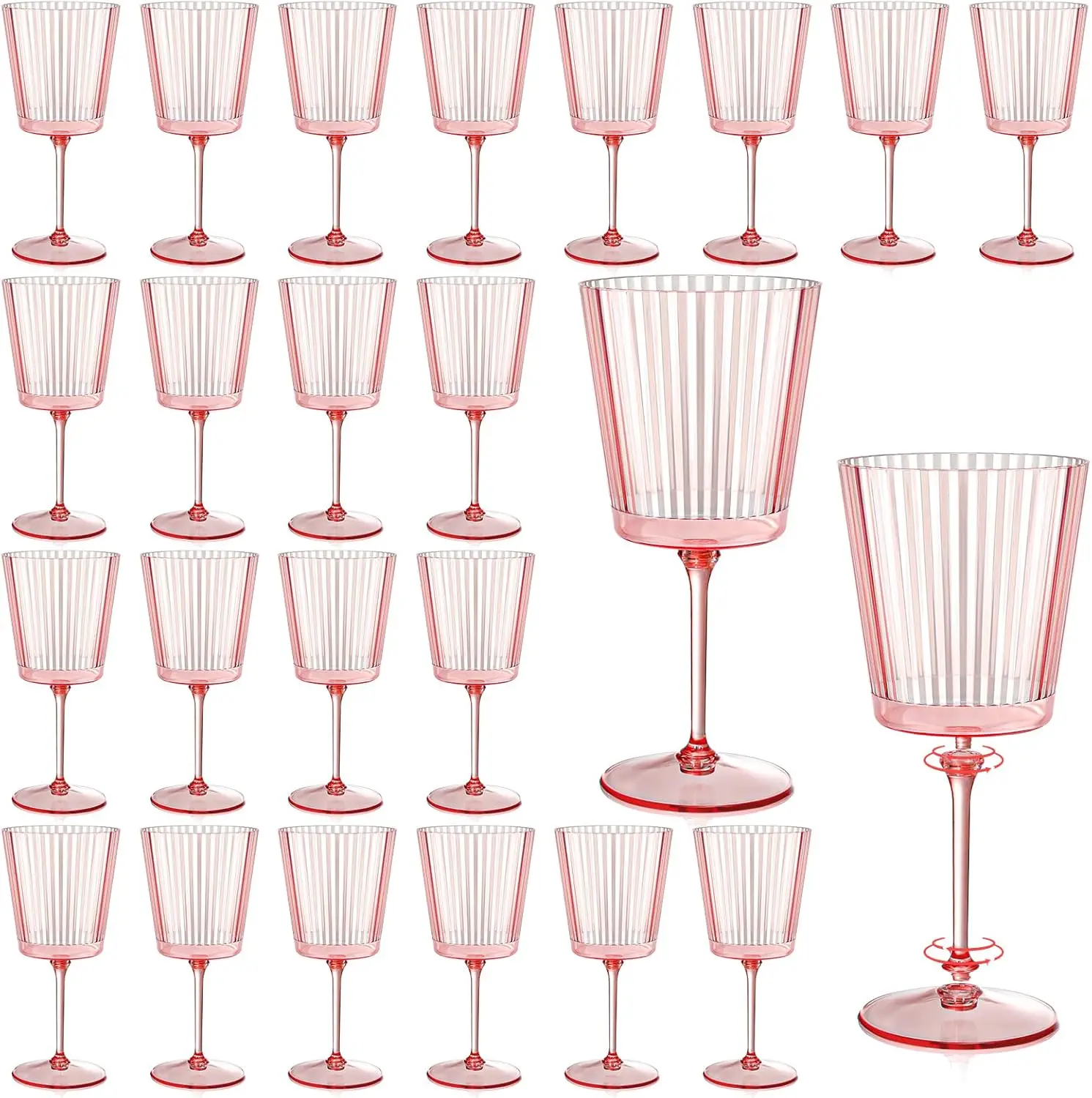 

24 PCS Pink Plastic Wine Glasses with Removable Stems 13.5 OZ Ribbed Wine Glass Set Square White Wine Glasses Muted Past
