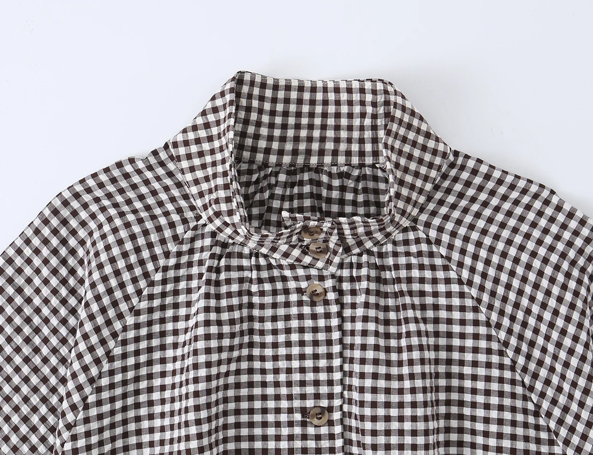 BSAY Neue Damenjacke im Gingham-Karo-Stil mit Stehkragen, langen Puffärmeln, Knopfleiste und Kordelzug am Saum, lässige, lockere Jacke im Karomuster. – Detail 7