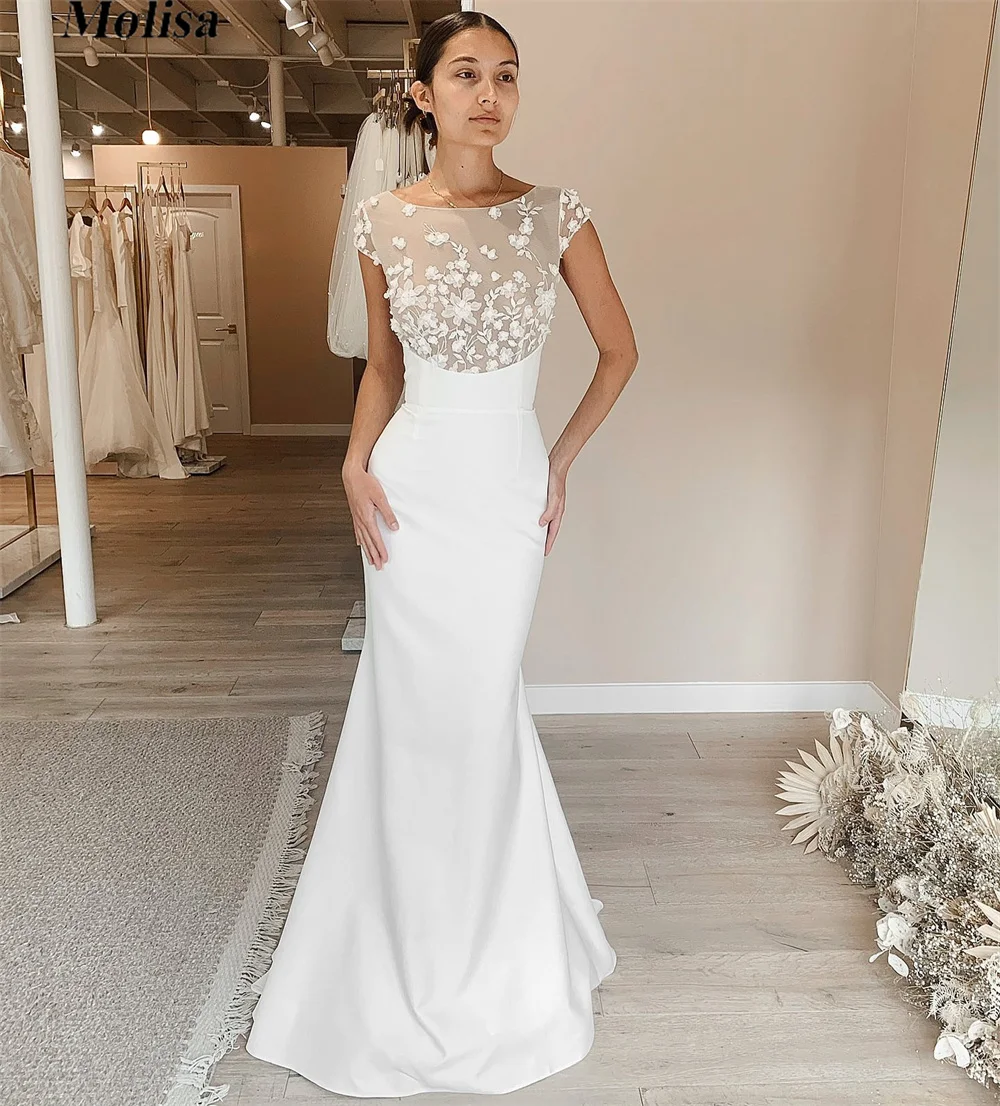 Boho sirena o-collo Backless 2023 maniche ad aletta Appliques abito da sposa in raso Sweep Train vestidos de novia robe de mariée