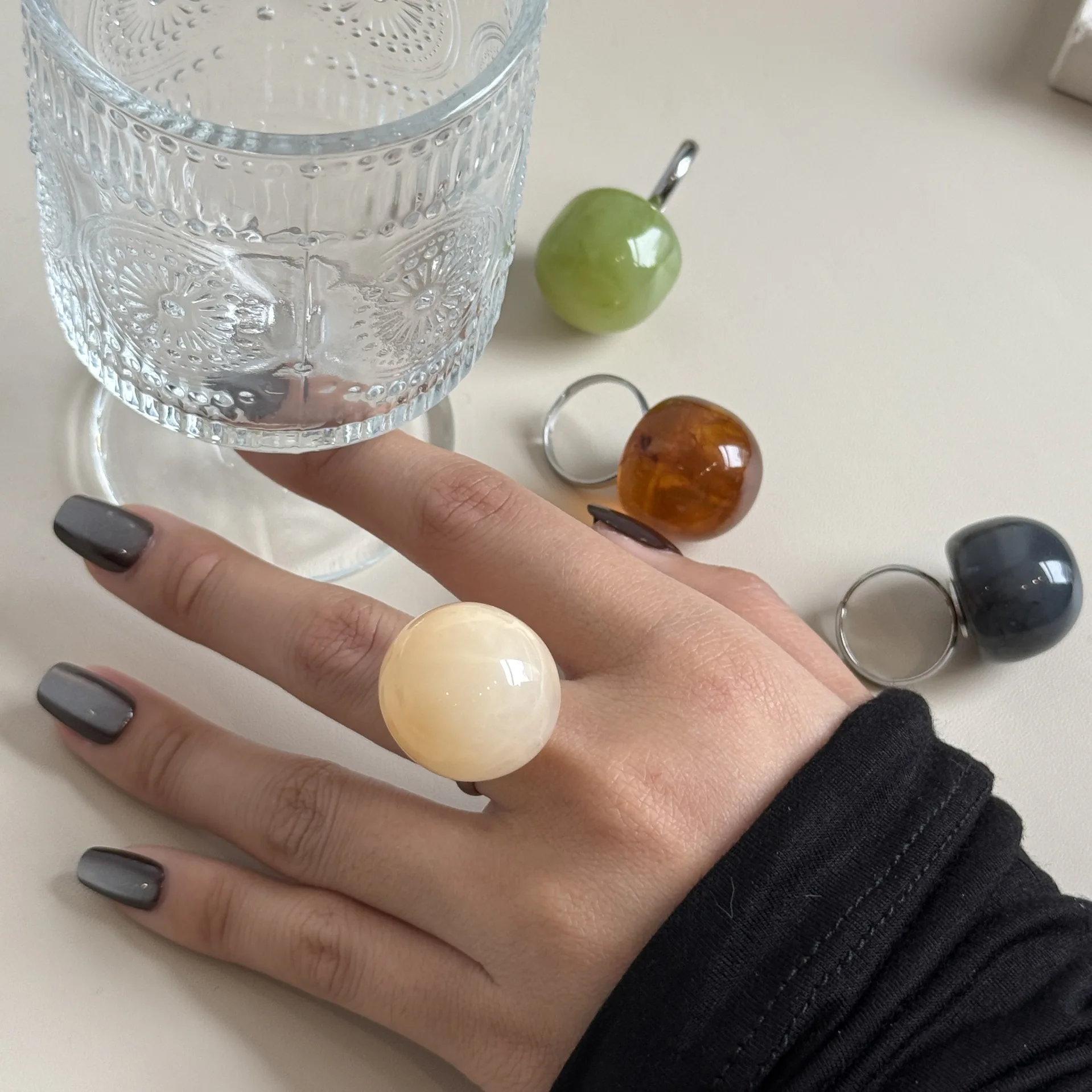 Stainless Steel Niche Chic Round Resin Colored Jelly Stacked Ring Women's Summer Fresh Index Finger Ring Women
