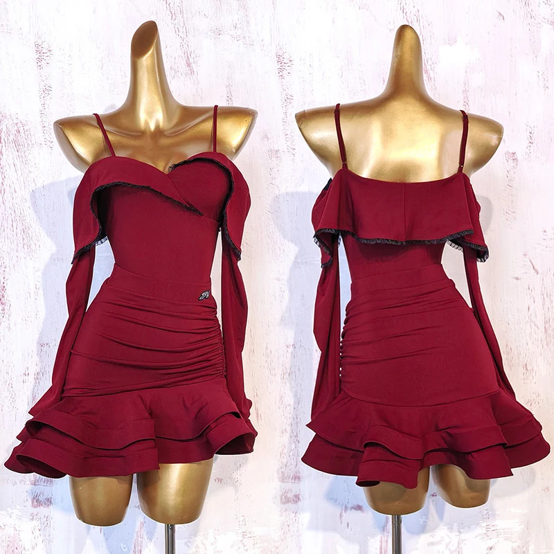 Adult Latin Dance Suit Off Shoulder Long Sleeve Leotard Ruched Skirt Women Dance Performance Show Clothes Practice Wear VDL5953