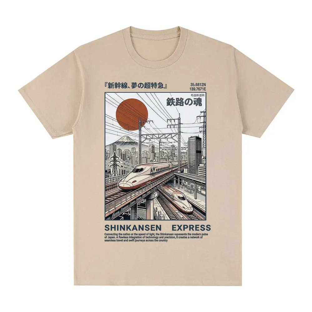 Shinkansen Express Train Illustration T-shirt Retro Japanese Style Rail Vintage Poster T shirt Short Sleeve Cotton Casual Tshirt