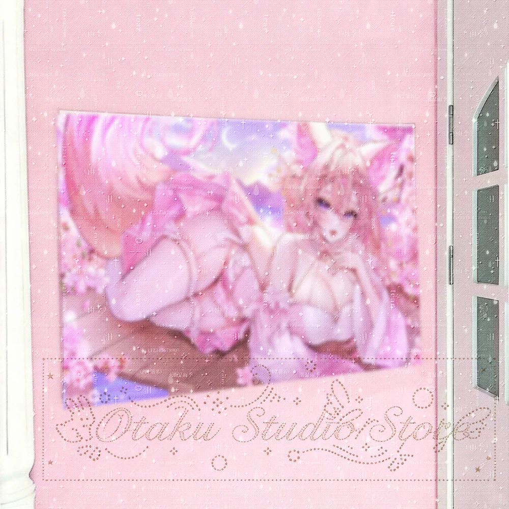 さくら Fox Girl Anime Tapestry, Pink Hair Nine Tailed Character In Cherry Blossom Kimono, Lying On Wooden Platform With Falling Pet