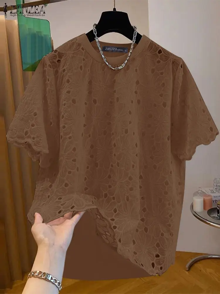 

2024 модная женская блузка ZANZEA с вырезами, Летняя Повседневная рубашка с круглым вырезом и коротким рукавом, свободные кружевные лоскутные топы, праздничные Блузы