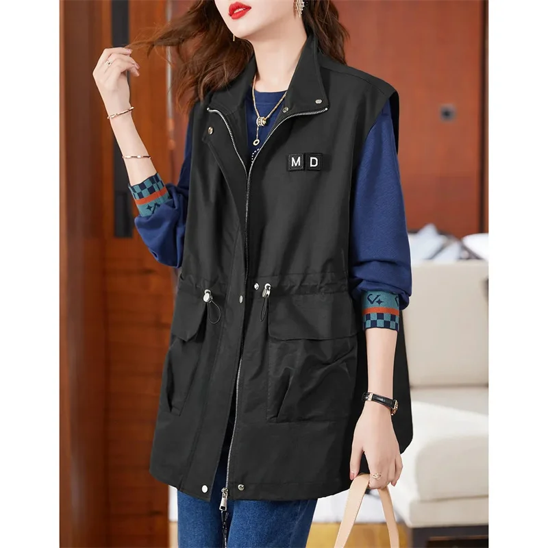 Korean Female Large Size 4XL Waistcoat Outwear Middle Aged Mother Zipper Waistcoat Coat Autumn Ladies Draw Rope Sleeveless Tops