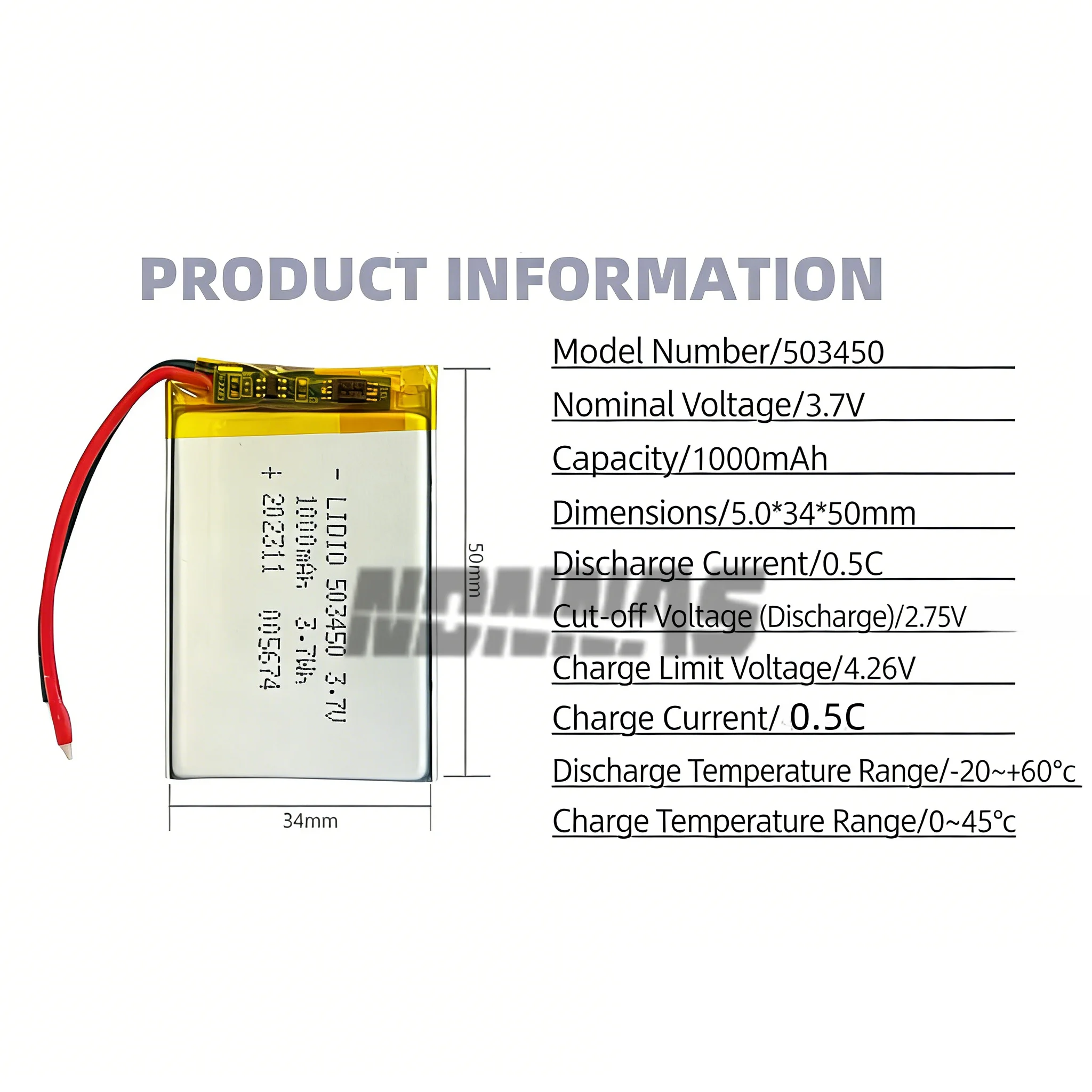 1. 3.7V 1000mAh 503450/523450 Rechargeable Polymer Battery with PH2.0-2P Plug for GPS, Smartphone, DVD, MP5
