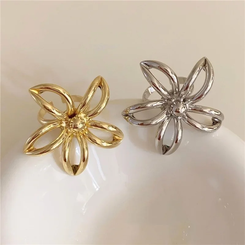 

925 Sterling Silver Charming Hollow Flower Delicate Adjustable Opening Ring for Women Fine Jewelry Minimalist Accessories