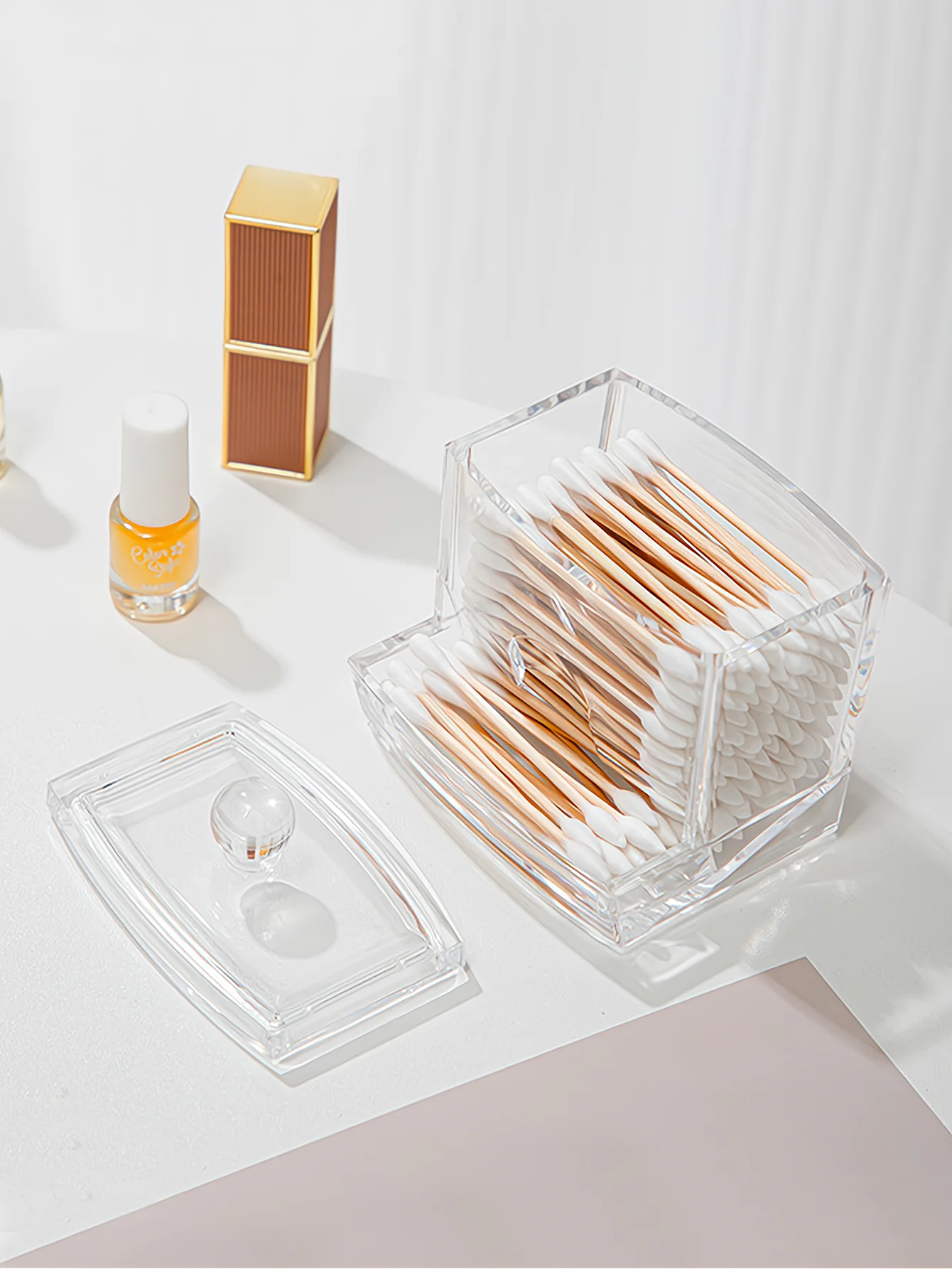 1PC PS Plastic Cotton Swab Box With High Appearance Value, Transparent Tape Cover, Dustproof, Makeup Removal, And Storage