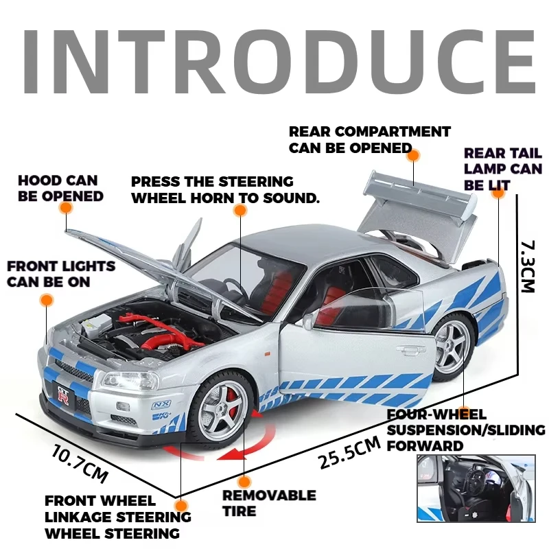 Nissan Skyline GTR R34, coche en miniatura de aleación con sonido y luz, juguete coleccionable para niños, regalo de cumpleaños, 1/18