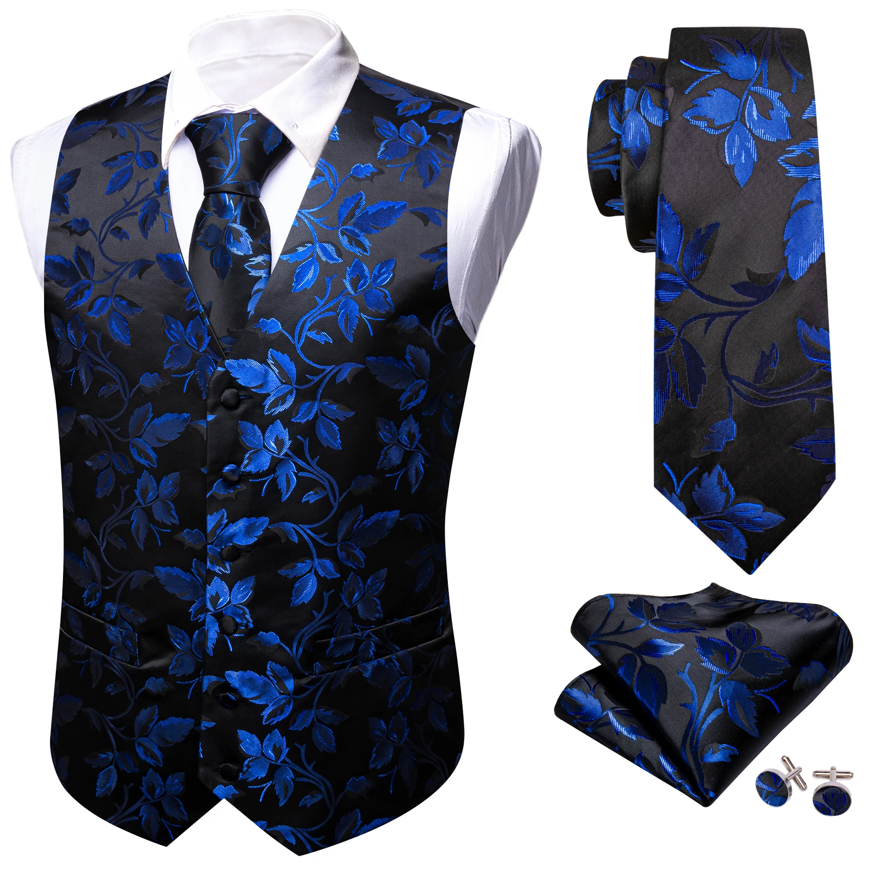 Colete de luxo para homens azul preto flor seda fino ajuste colete gravata lenço conjunto casamento formal negócios sem mangas jaqueta barry wang