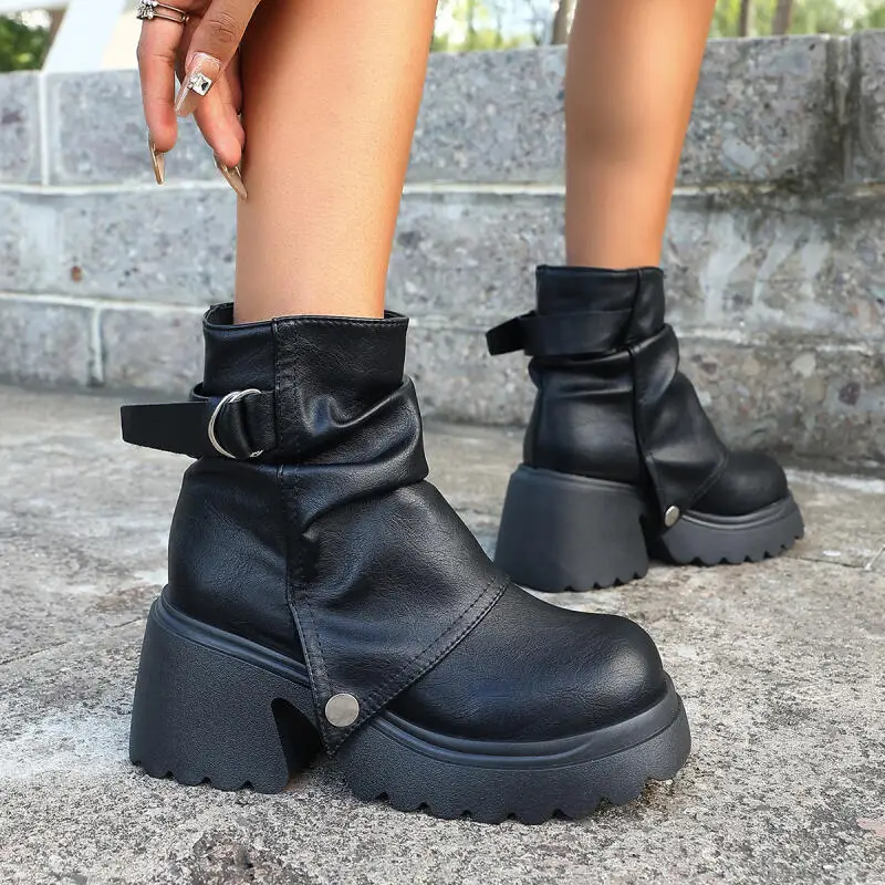 Gothic Chunky Platform Black Ankle Boots Women 2025 Autumn Punk Metal Belt Buckle Thick Bottom Short Boots Woman's Y2K Shoes 43