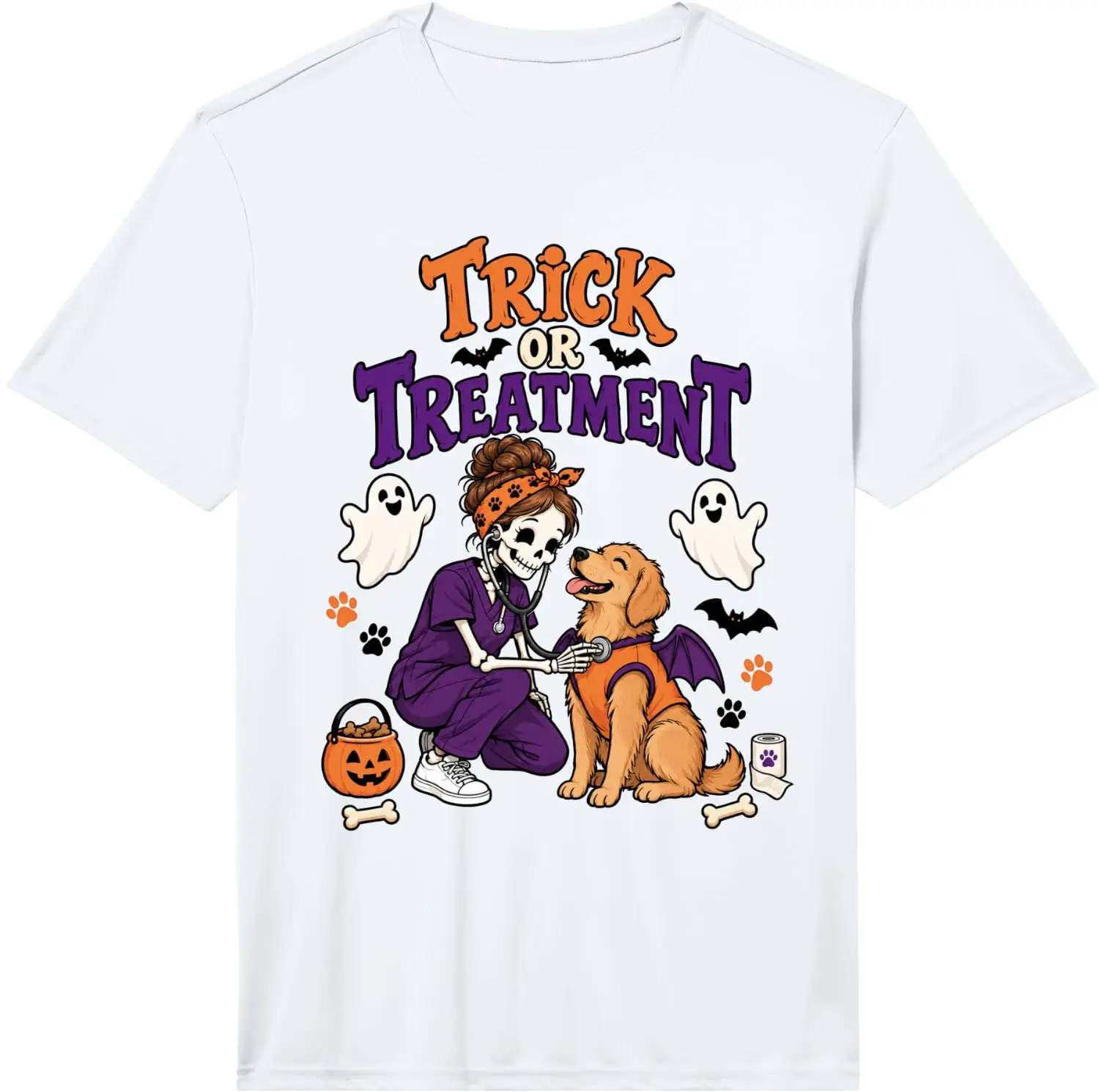 Men's Trick Or Treatment Halloween Vet Tech Dog Cat Veterinary Performance T-Shirt Men's Spooky Halloween Graphic Print T‑Shirt, Crew Neck Short Sleeve Casual Cotton Tee For Holiday Party Daily Street Wear.