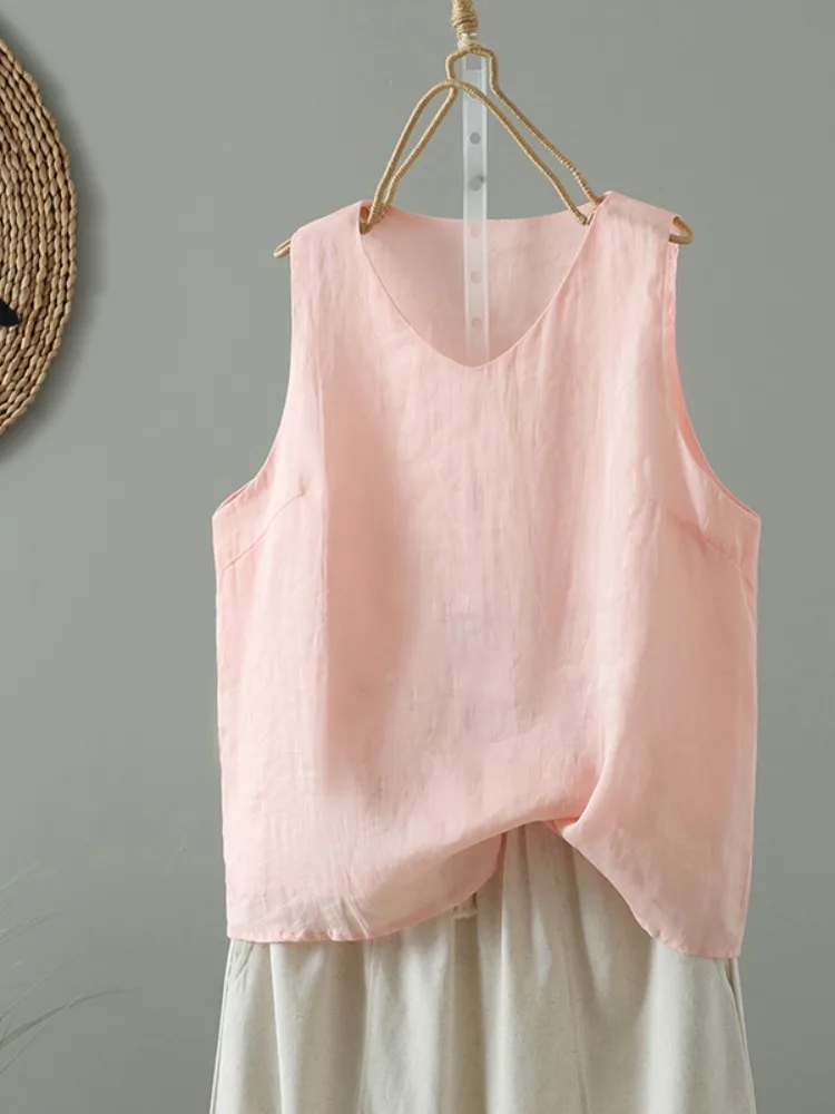 Gilet casual in cotone e lino da donna, base estiva sottile, materiale in lino irt, top in testa, colore artistico, semplice De...