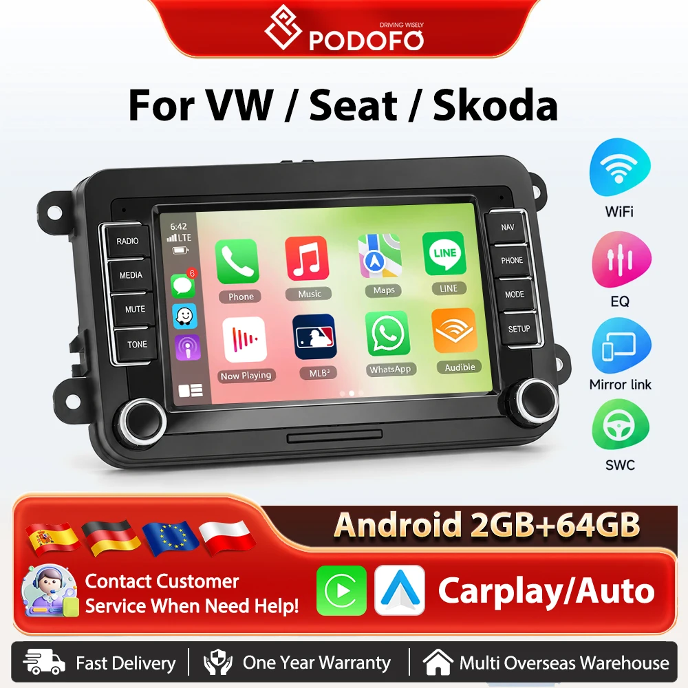 Podofo 7'' Autoradio Wireless Carplay Android Auto per VW, Stereo Multimediale con GPS, Navigazione, BT, FM/RDS, 2din, Sistemi Intelligenti per Auto, Unità Principale Plug&Play, SWC, Autoradio, Wifi,
